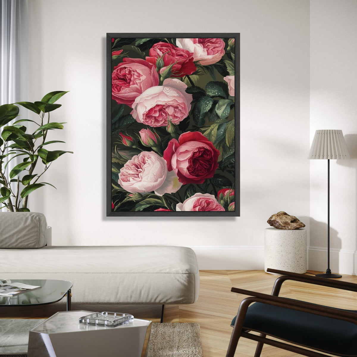 Romantic Red and Pink Roses Canvas Wall Art, Floral Bouquet Painting, Dewy Garden Flowers Canvas, Elegant Nature Gift Art, Home Decor, Print