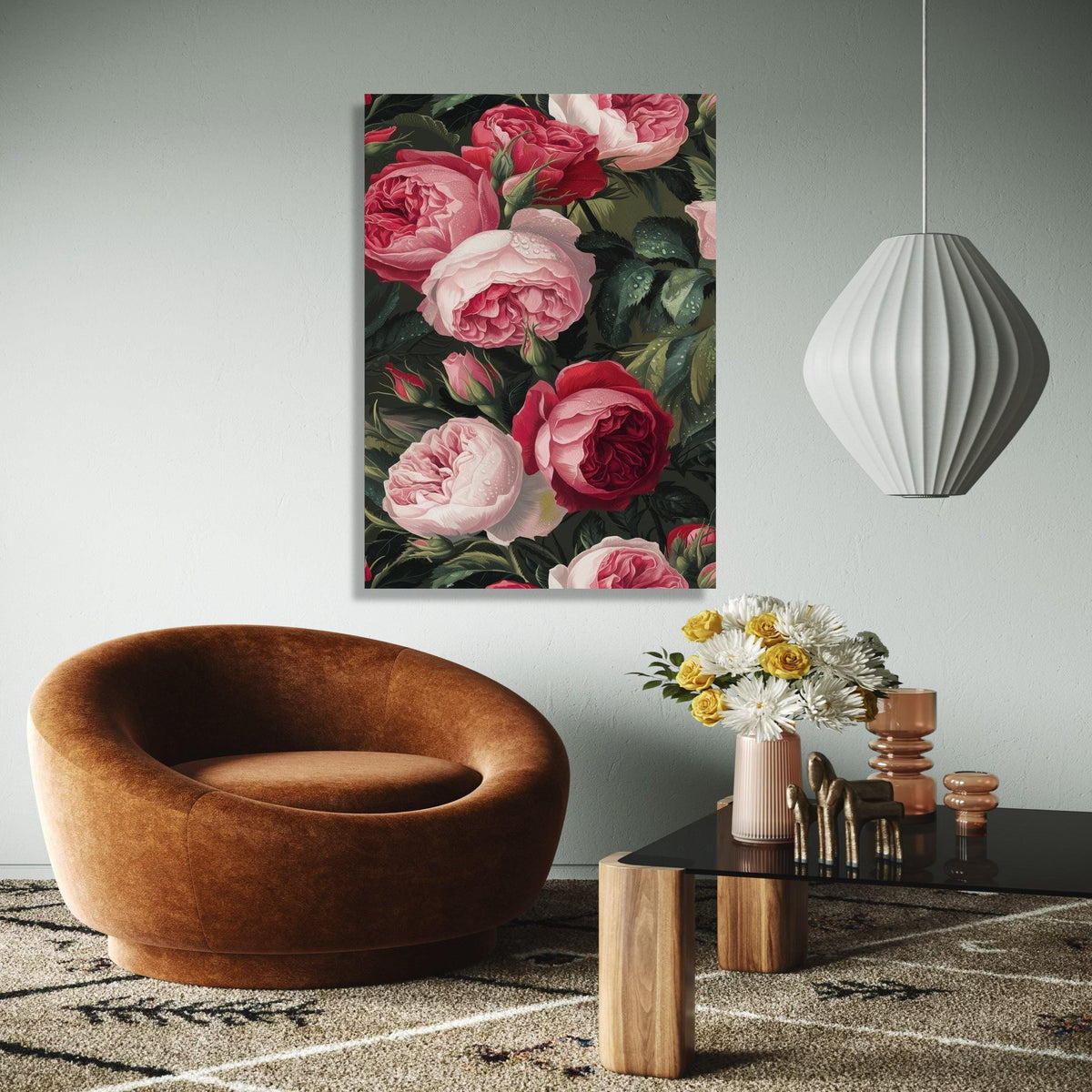 Romantic Red and Pink Roses Canvas Wall Art, Floral Bouquet Painting, Dewy Garden Flowers Canvas, Elegant Nature Gift Art, Home Decor, Print