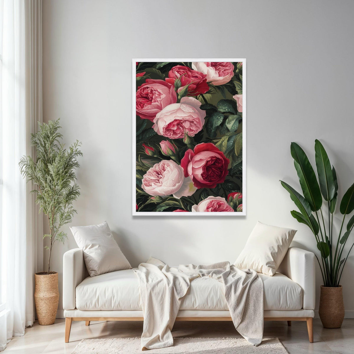 Romantic Red and Pink Roses Canvas Wall Art, Floral Bouquet Painting, Dewy Garden Flowers Canvas, Elegant Nature Gift Art, Home Decor, Print