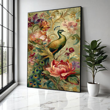Elegant Peacock and Floral Arrangement Canvas Wall Art, Decorative Tropical Bird Artwork, Colorful Botanical Gift Art, Home Decor, Print