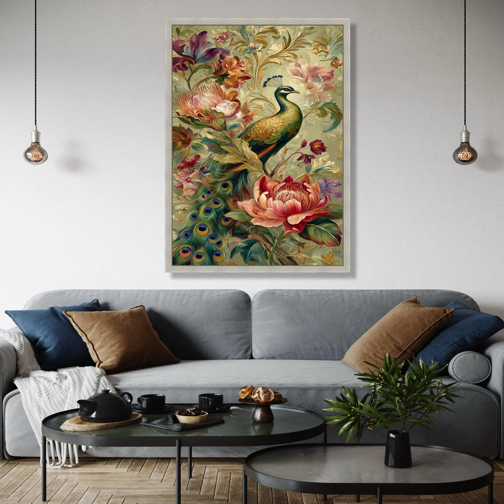 Elegant Peacock and Floral Arrangement Canvas Wall Art, Decorative Tropical Bird Artwork, Colorful Botanical Gift Art, Home Decor, Print