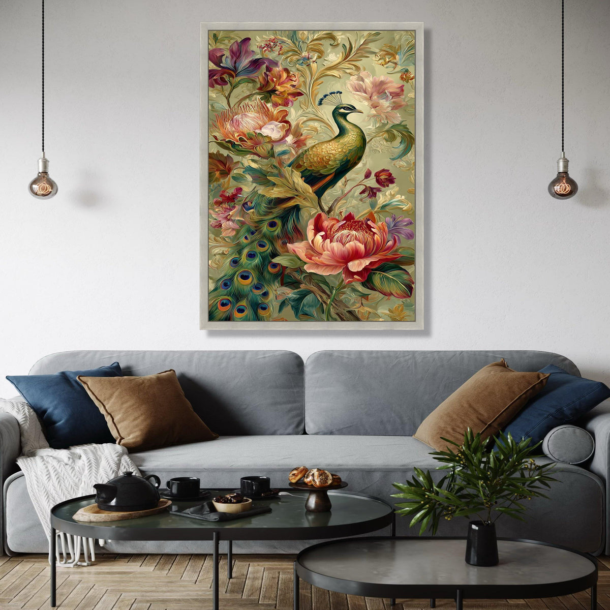 Elegant Peacock and Floral Arrangement Canvas Wall Art, Decorative Tropical Bird Artwork, Colorful Botanical Gift Art, Home Decor, Print