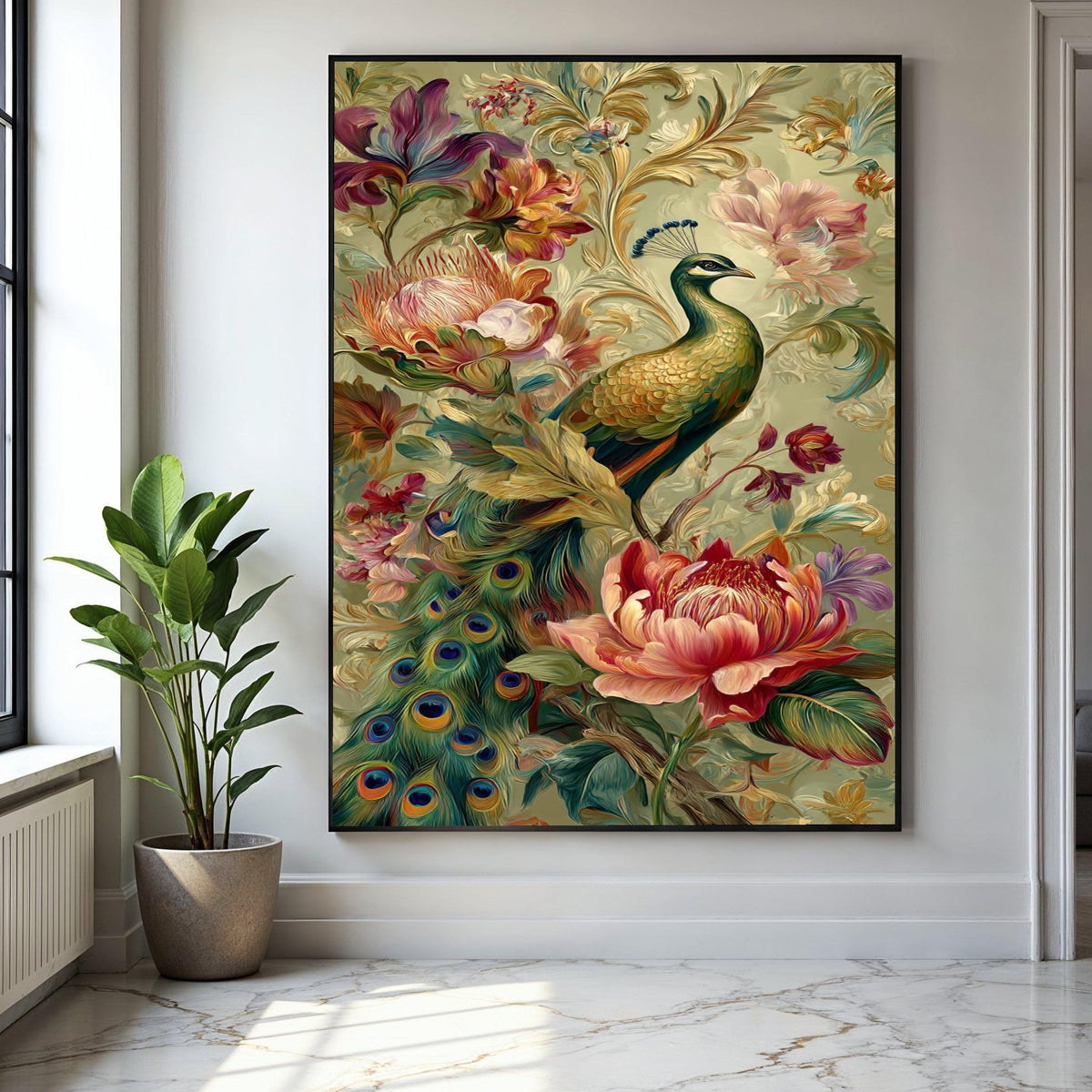 Elegant Peacock and Floral Arrangement Canvas Wall Art, Decorative Tropical Bird Artwork, Colorful Botanical Gift Art, Home Decor, Print