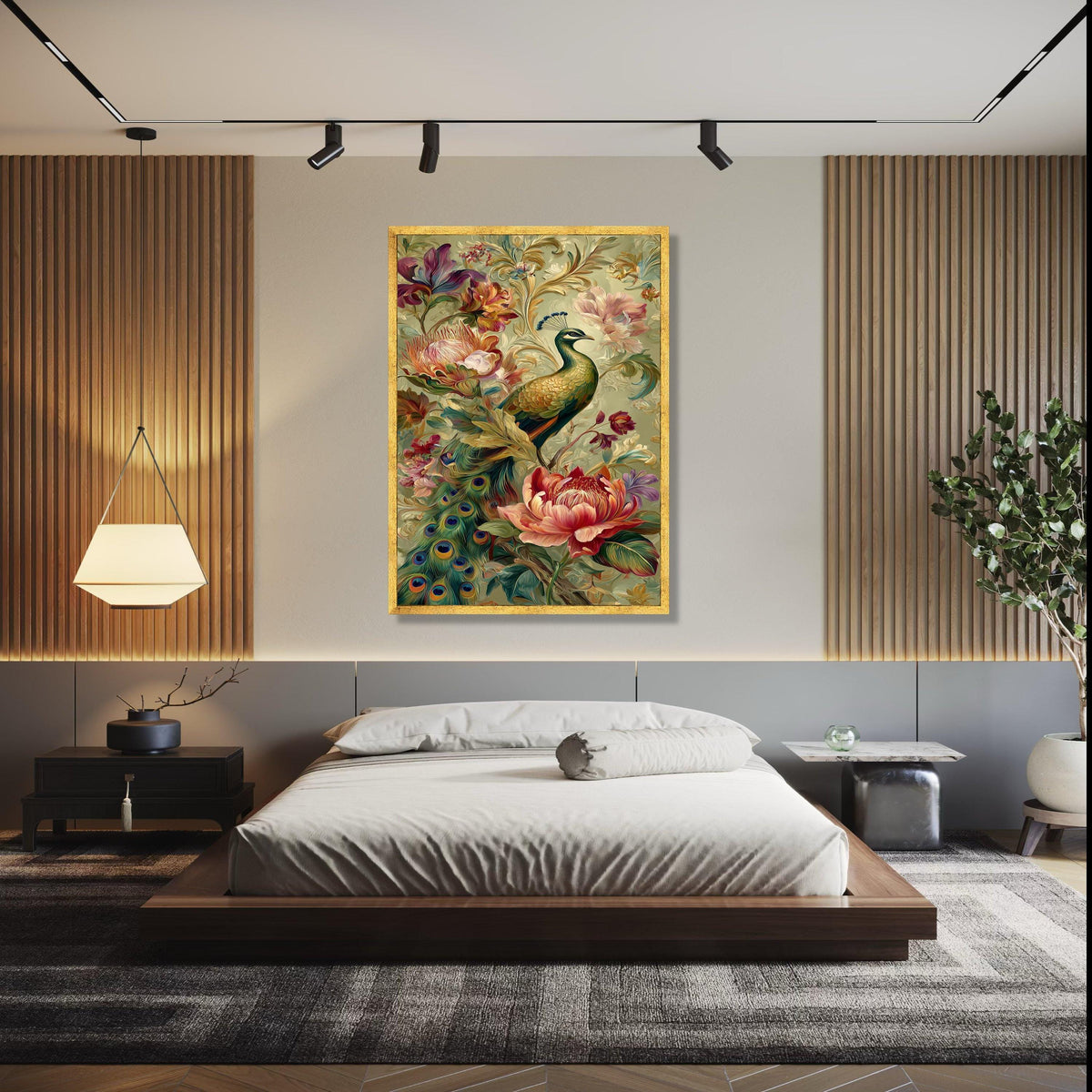 Elegant Peacock and Floral Arrangement Canvas Wall Art, Decorative Tropical Bird Artwork, Colorful Botanical Gift Art, Home Decor, Print