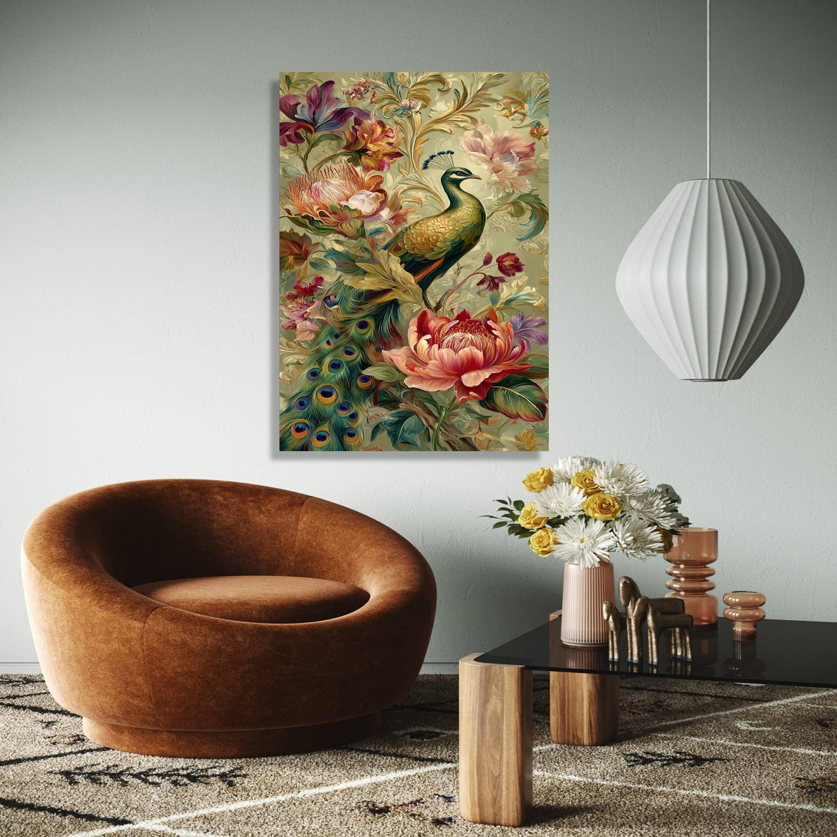 Elegant Peacock and Floral Arrangement Canvas Wall Art, Decorative Tropical Bird Artwork, Colorful Botanical Gift Art, Home Decor, Print