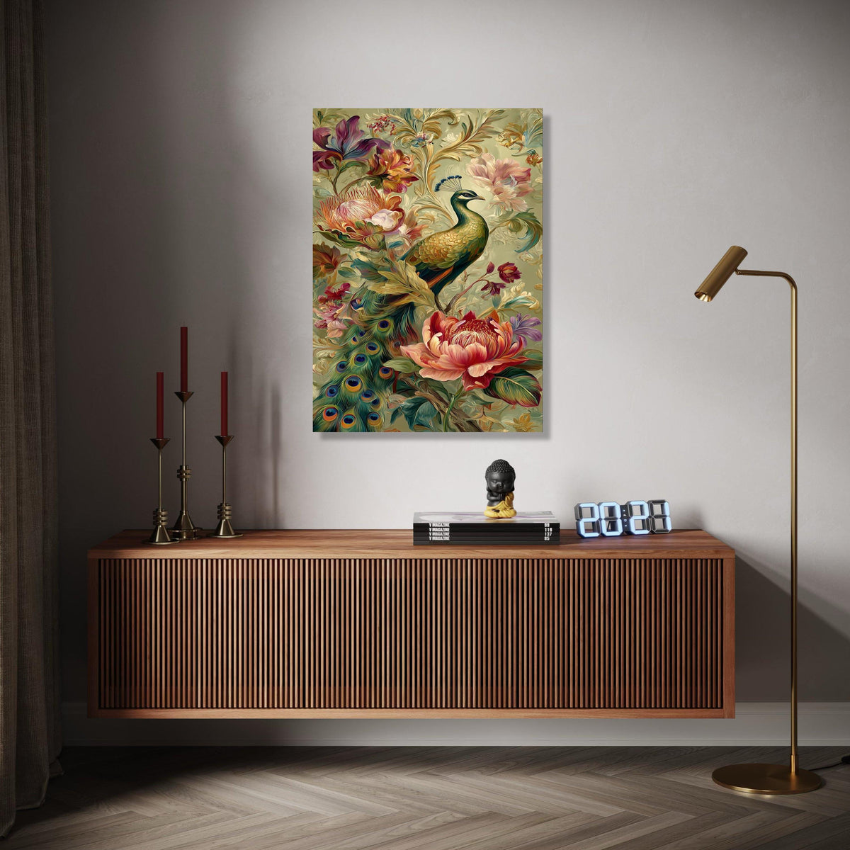 Elegant Peacock and Floral Arrangement Canvas Wall Art, Decorative Tropical Bird Artwork, Colorful Botanical Gift Art, Home Decor, Print