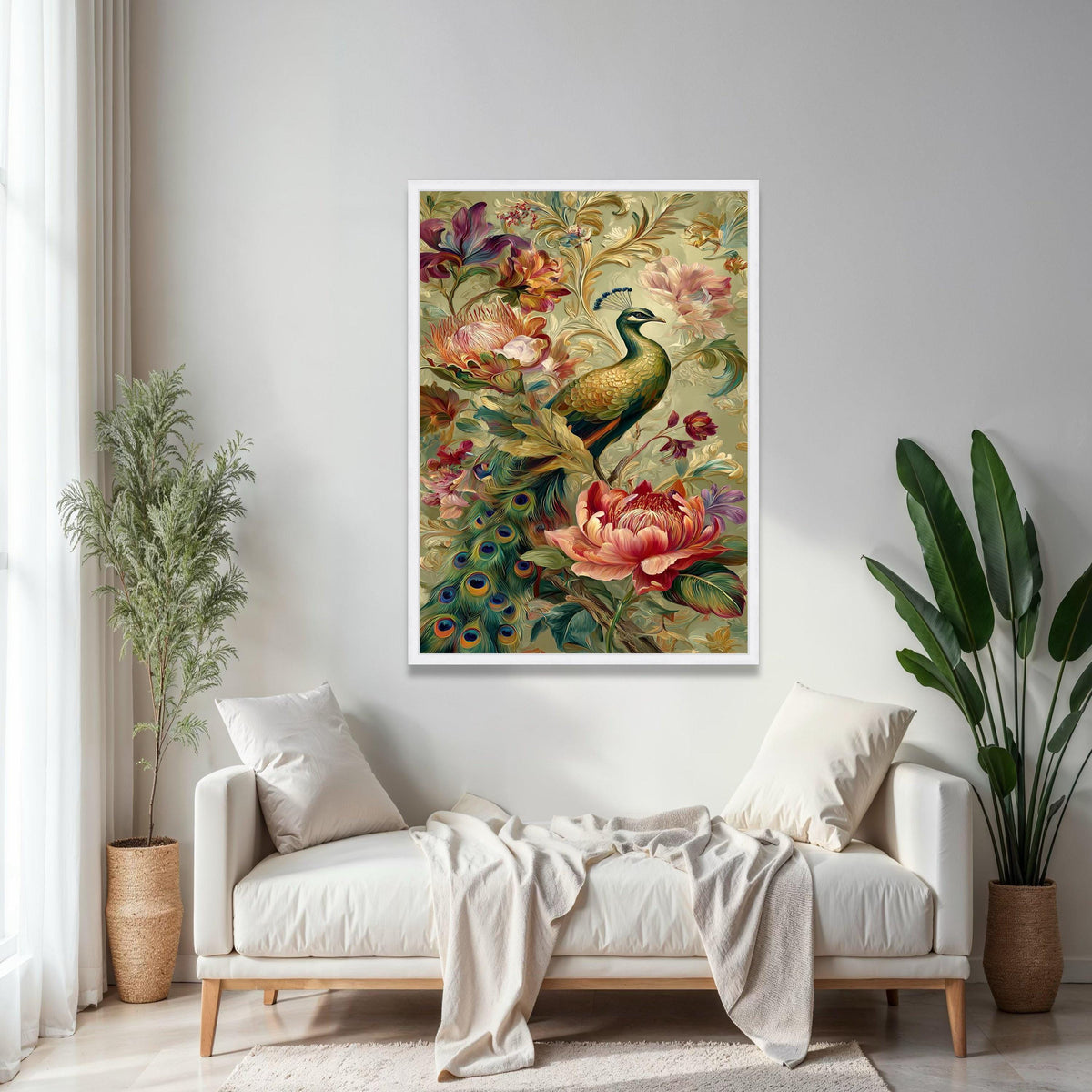 Elegant Peacock and Floral Arrangement Canvas Wall Art, Decorative Tropical Bird Artwork, Colorful Botanical Gift Art, Home Decor, Print