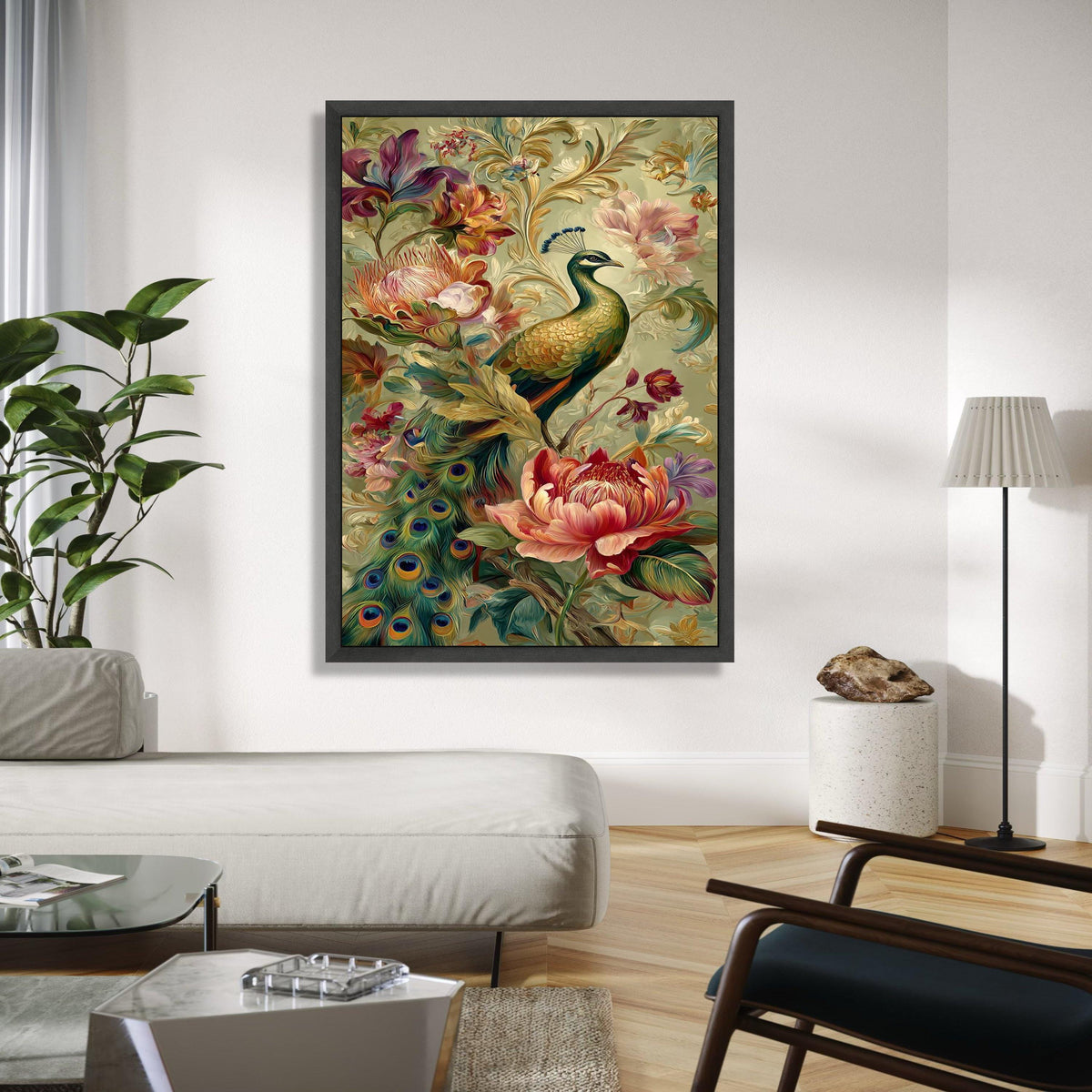 Elegant Peacock and Floral Arrangement Canvas Wall Art, Decorative Tropical Bird Artwork, Colorful Botanical Gift Art, Home Decor, Print