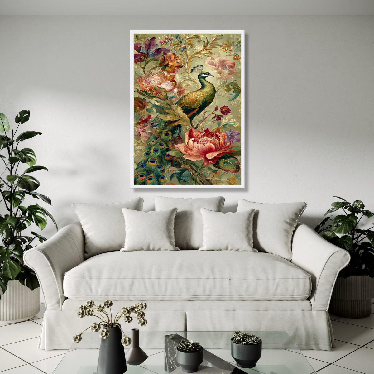Elegant Peacock and Floral Arrangement Canvas Wall Art, Decorative Tropical Bird Artwork, Colorful Botanical Gift Art, Home Decor, Print