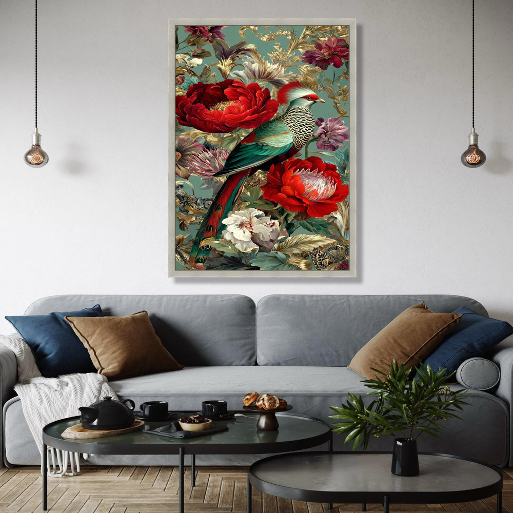 Exotic Bird and Floral Canvas Wall Art, Tropical Parrot Print, Vibrant Red Peonies, Botanical Home Decor, Luxury Gift Art, Home Decor, Print