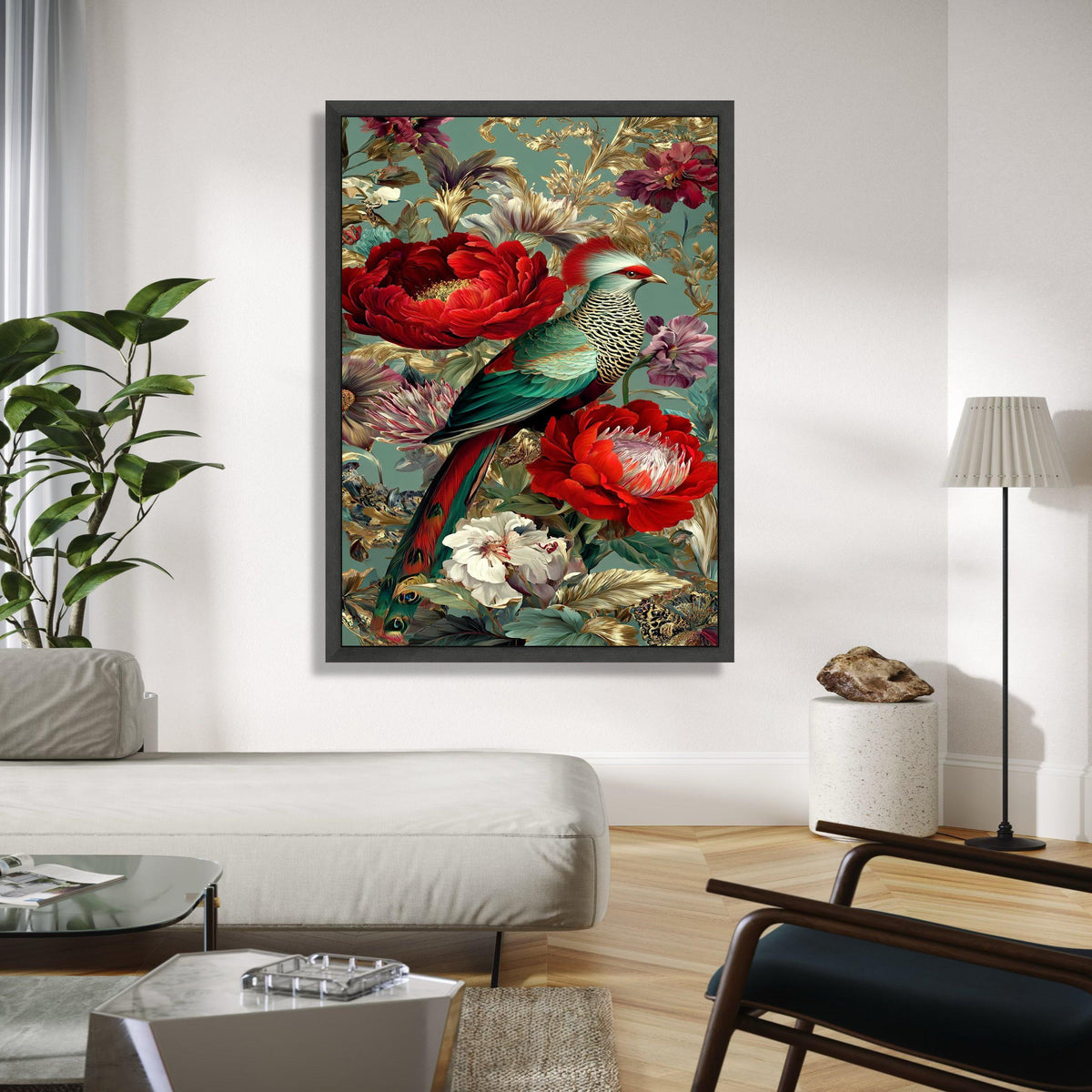 Exotic Bird and Floral Canvas Wall Art, Tropical Parrot Print, Vibrant Red Peonies, Botanical Home Decor, Luxury Gift Art, Home Decor, Print