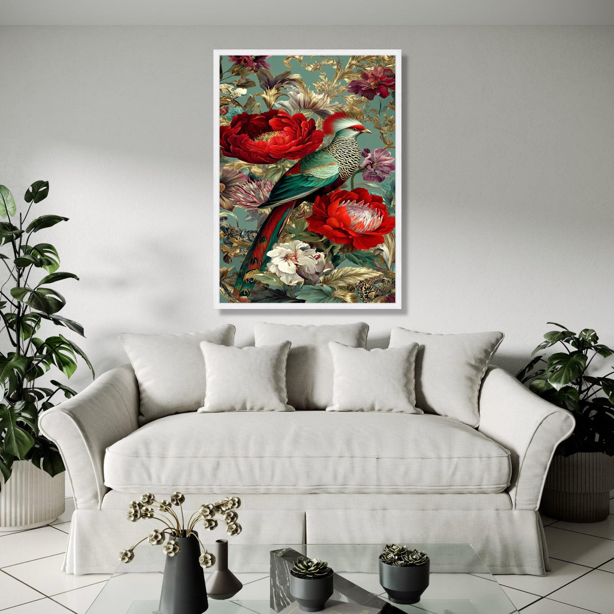Exotic Bird and Floral Canvas Wall Art, Tropical Parrot Print, Vibrant Red Peonies, Botanical Home Decor, Luxury Gift Art, Home Decor, Print