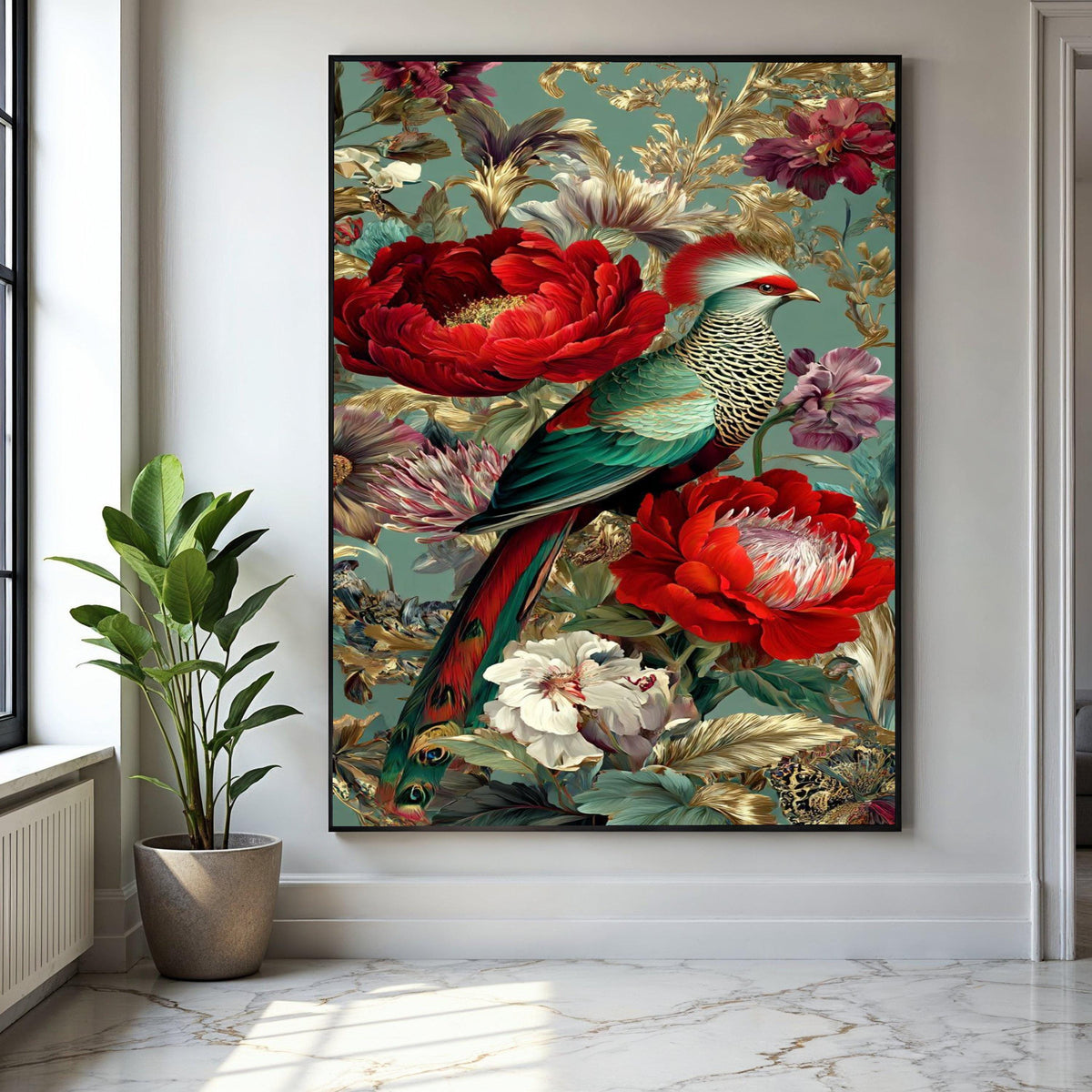Exotic Bird and Floral Canvas Wall Art, Tropical Parrot Print, Vibrant Red Peonies, Botanical Home Decor, Luxury Gift Art, Home Decor, Print