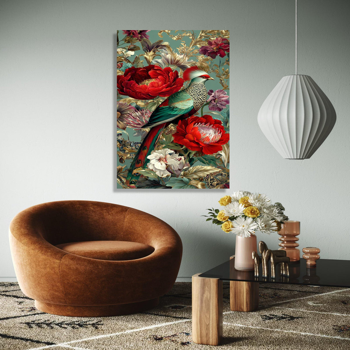 Exotic Bird and Floral Canvas Wall Art, Tropical Parrot Print, Vibrant Red Peonies, Botanical Home Decor, Luxury Gift Art, Home Decor, Print