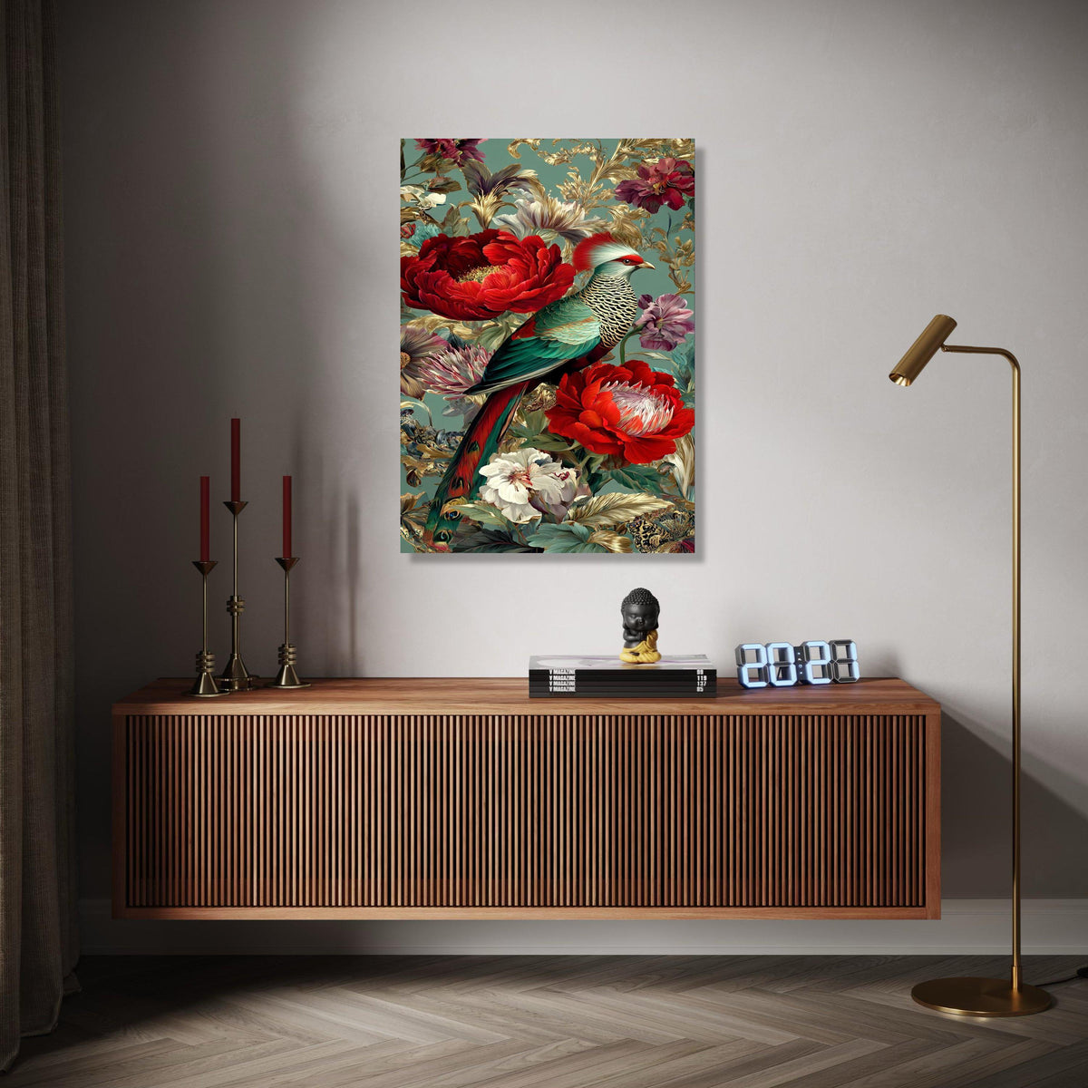 Exotic Bird and Floral Canvas Wall Art, Tropical Parrot Print, Vibrant Red Peonies, Botanical Home Decor, Luxury Gift Art, Home Decor, Print