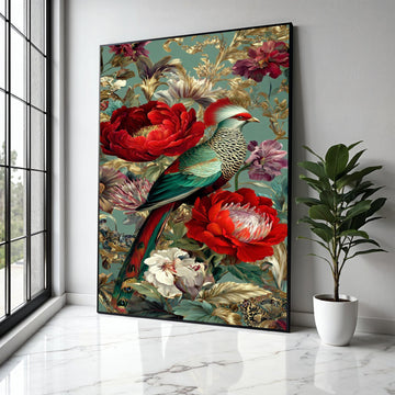 Exotic Bird and Floral Canvas Wall Art, Tropical Parrot Print, Vibrant Red Peonies, Botanical Home Decor, Luxury Gift Art, Home Decor, Print