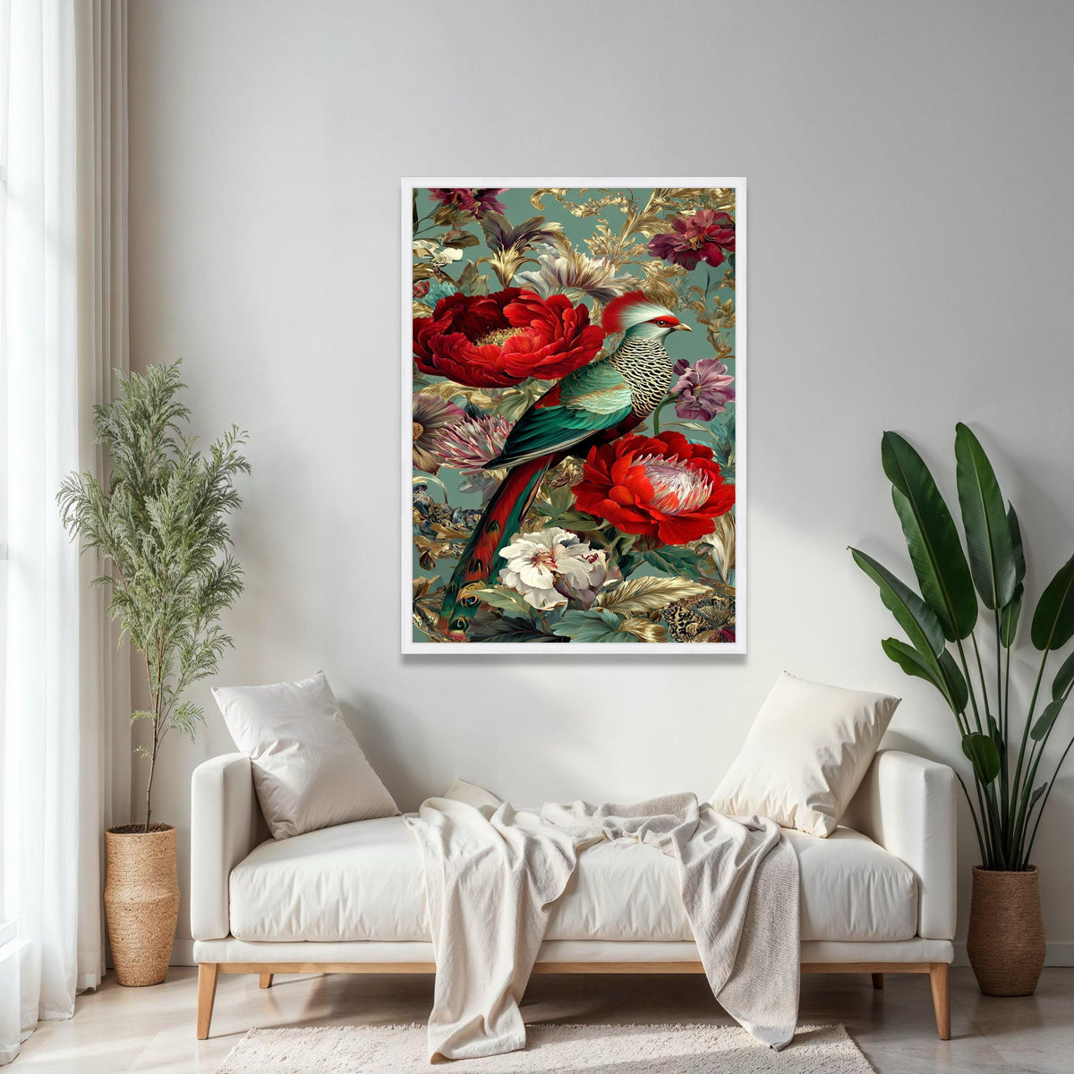 Exotic Bird and Floral Canvas Wall Art, Tropical Parrot Print, Vibrant Red Peonies, Botanical Home Decor, Luxury Gift Art, Home Decor, Print