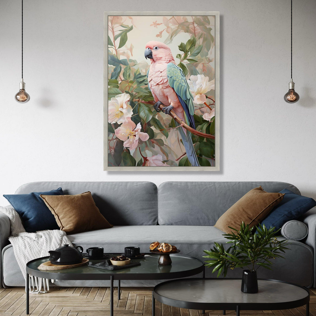 Tropical Pink Cockatoo Canvas Wall Art, Exotic Bird Illustration, Botanical Floral Decor, Nature Wildlife Gift Art, Home Decor, Print