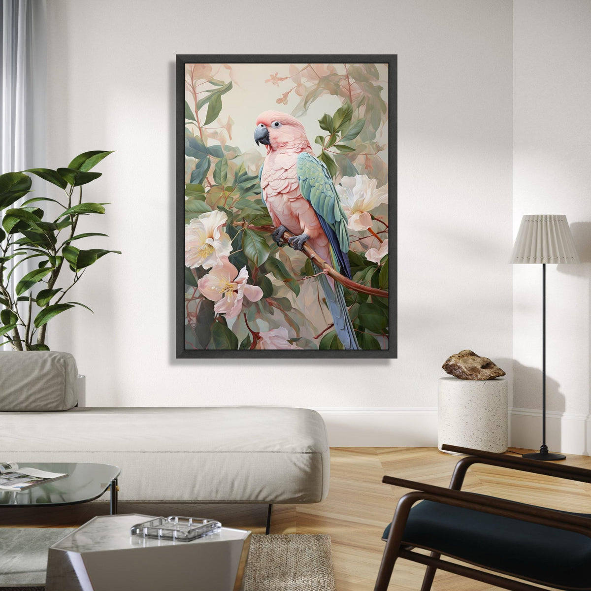 Tropical Pink Cockatoo Canvas Wall Art, Exotic Bird Illustration, Botanical Floral Decor, Nature Wildlife Gift Art, Home Decor, Print