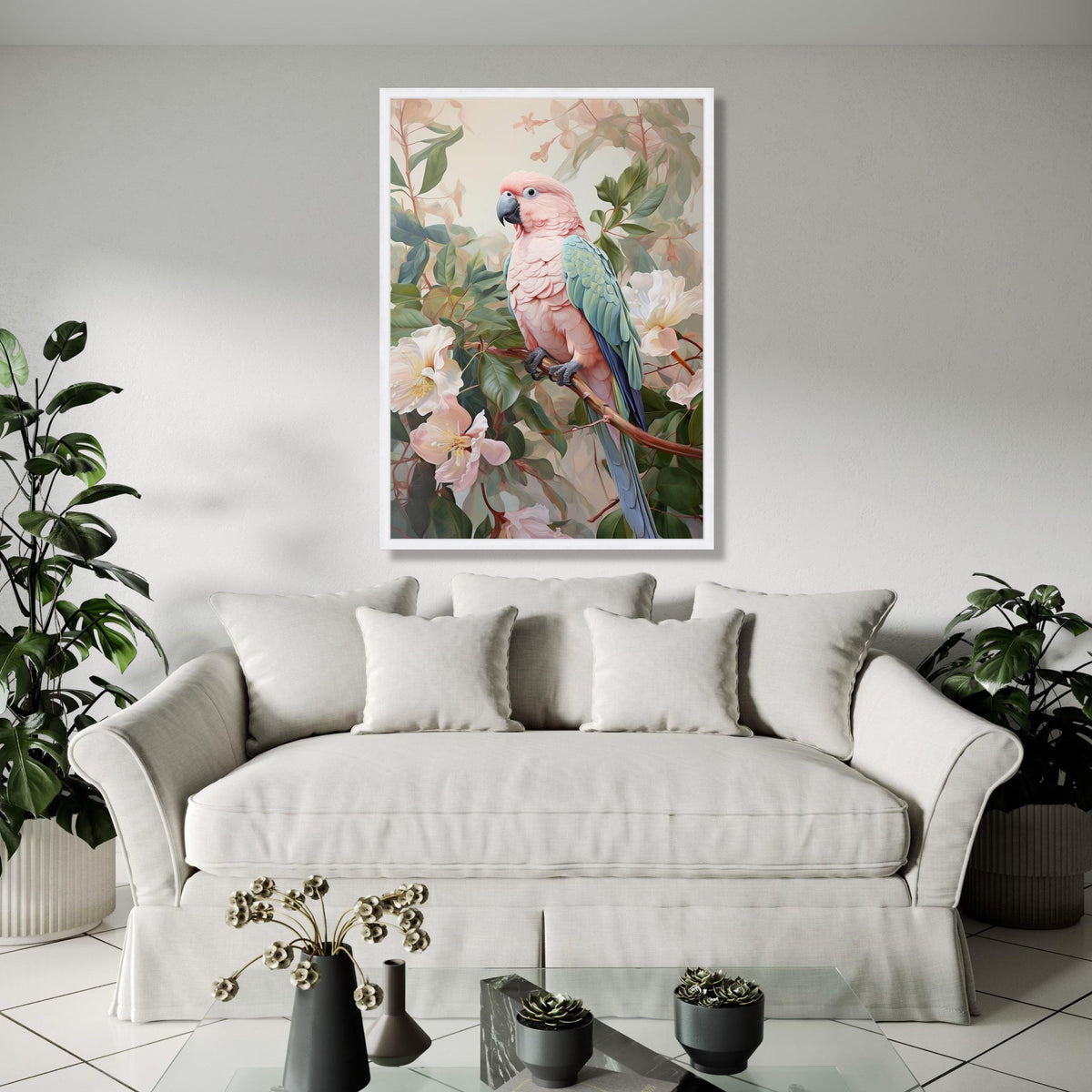 Tropical Pink Cockatoo Canvas Wall Art, Exotic Bird Illustration, Botanical Floral Decor, Nature Wildlife Gift Art, Home Decor, Print