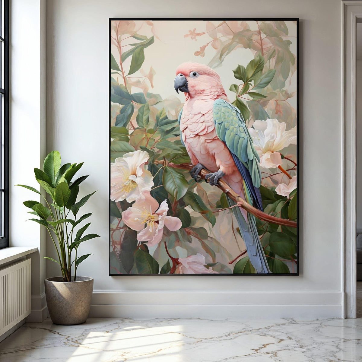 Tropical Pink Cockatoo Canvas Wall Art, Exotic Bird Illustration, Botanical Floral Decor, Nature Wildlife Gift Art, Home Decor, Print