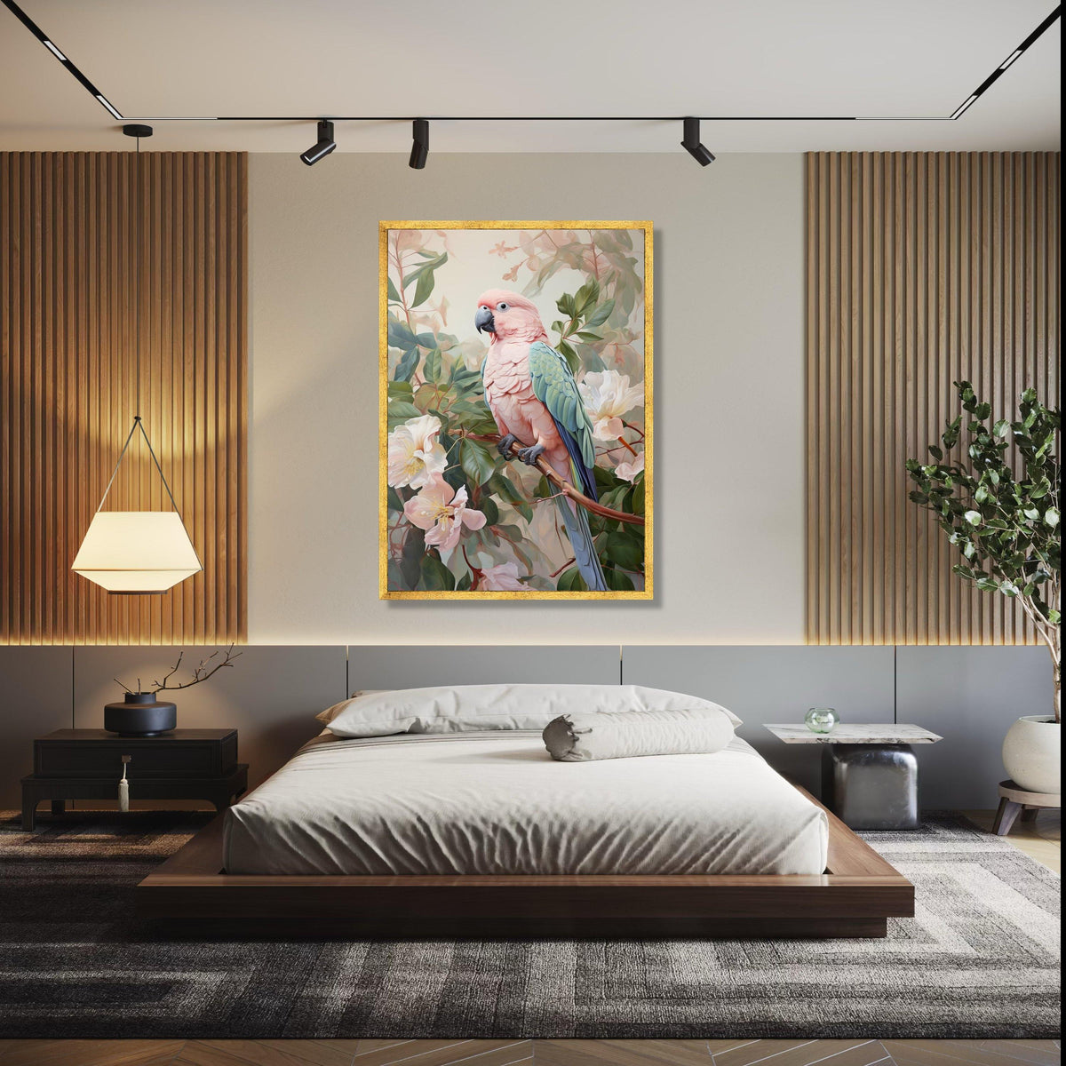 Tropical Pink Cockatoo Canvas Wall Art, Exotic Bird Illustration, Botanical Floral Decor, Nature Wildlife Gift Art, Home Decor, Print