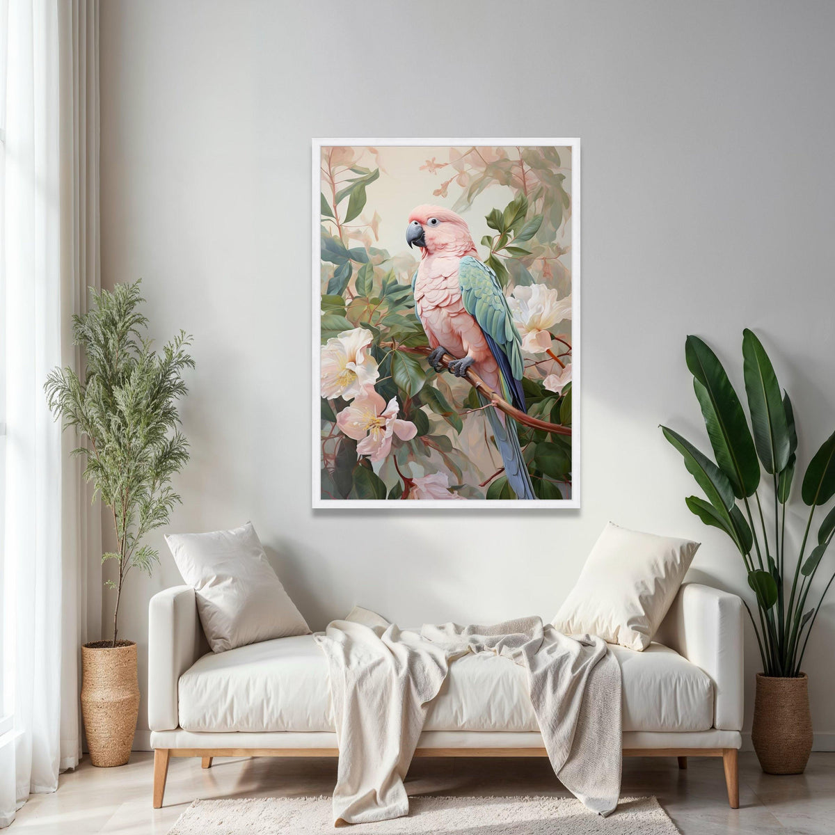 Tropical Pink Cockatoo Canvas Wall Art, Exotic Bird Illustration, Botanical Floral Decor, Nature Wildlife Gift Art, Home Decor, Print