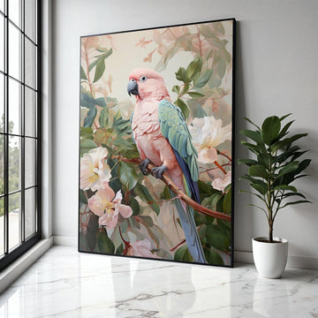 Tropical Pink Cockatoo Canvas Wall Art, Exotic Bird Illustration, Botanical Floral Decor, Nature Wildlife Gift Art, Home Decor, Print
