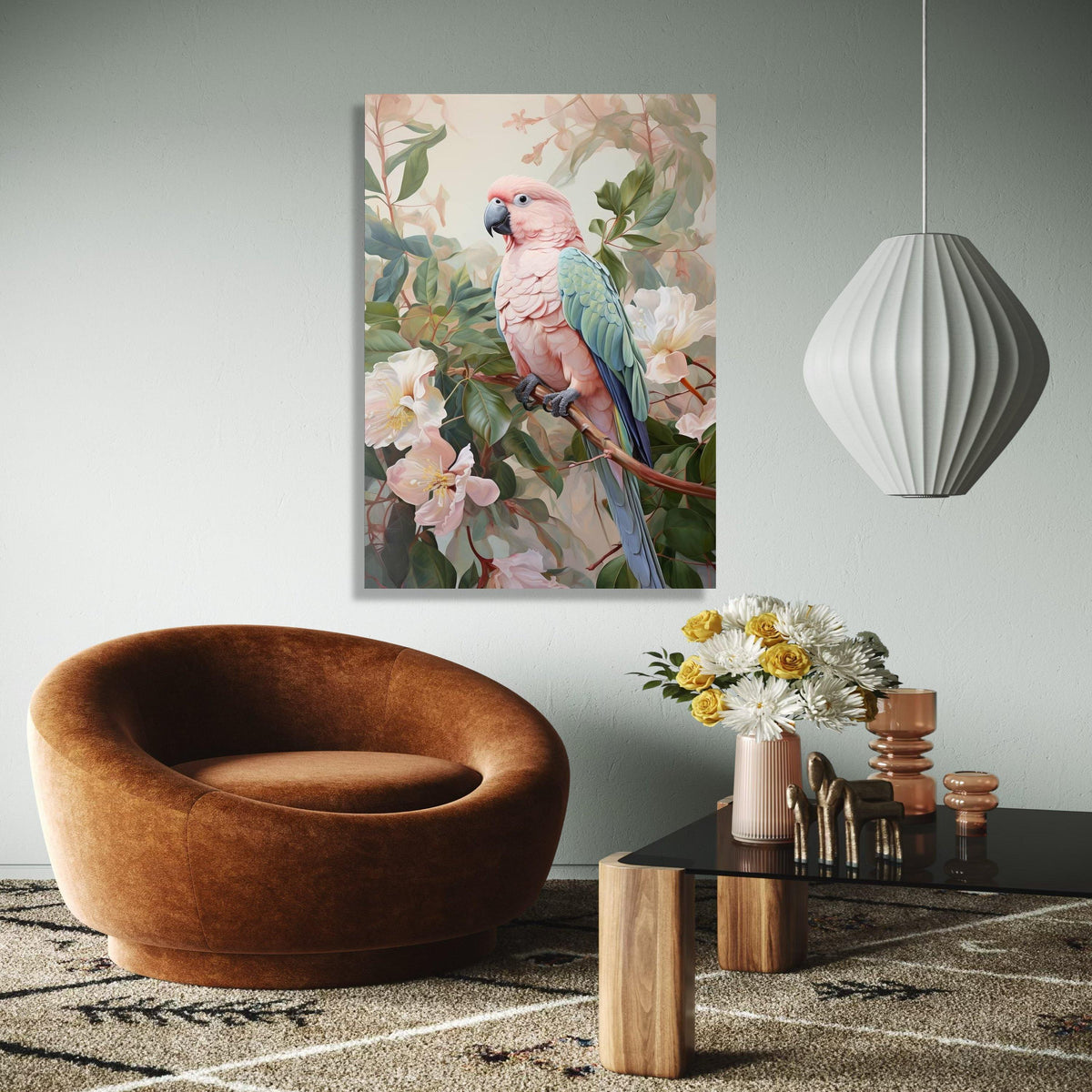 Tropical Pink Cockatoo Canvas Wall Art, Exotic Bird Illustration, Botanical Floral Decor, Nature Wildlife Gift Art, Home Decor, Print
