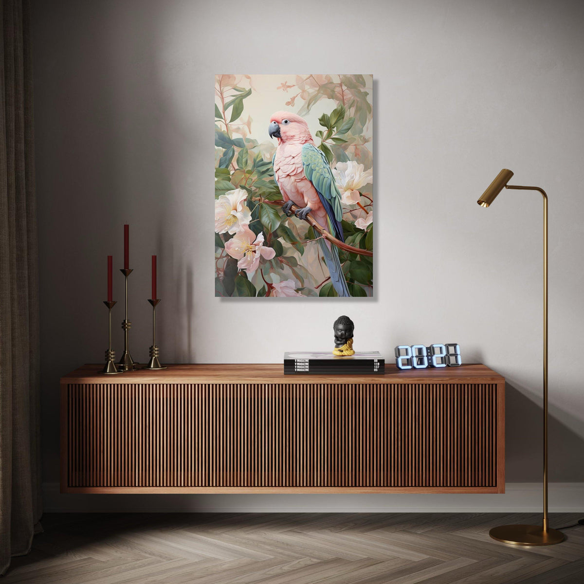 Tropical Pink Cockatoo Canvas Wall Art, Exotic Bird Illustration, Botanical Floral Decor, Nature Wildlife Gift Art, Home Decor, Print