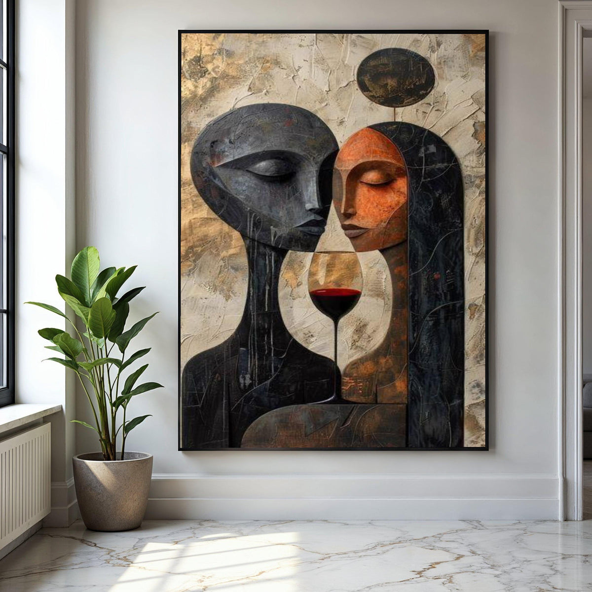 Abstract Couple Portrait Canvas, Modern Love Art, Wine Glass Wall Decor, Romantic Contemporary Canvas, Gift Art, Home Decor, Print