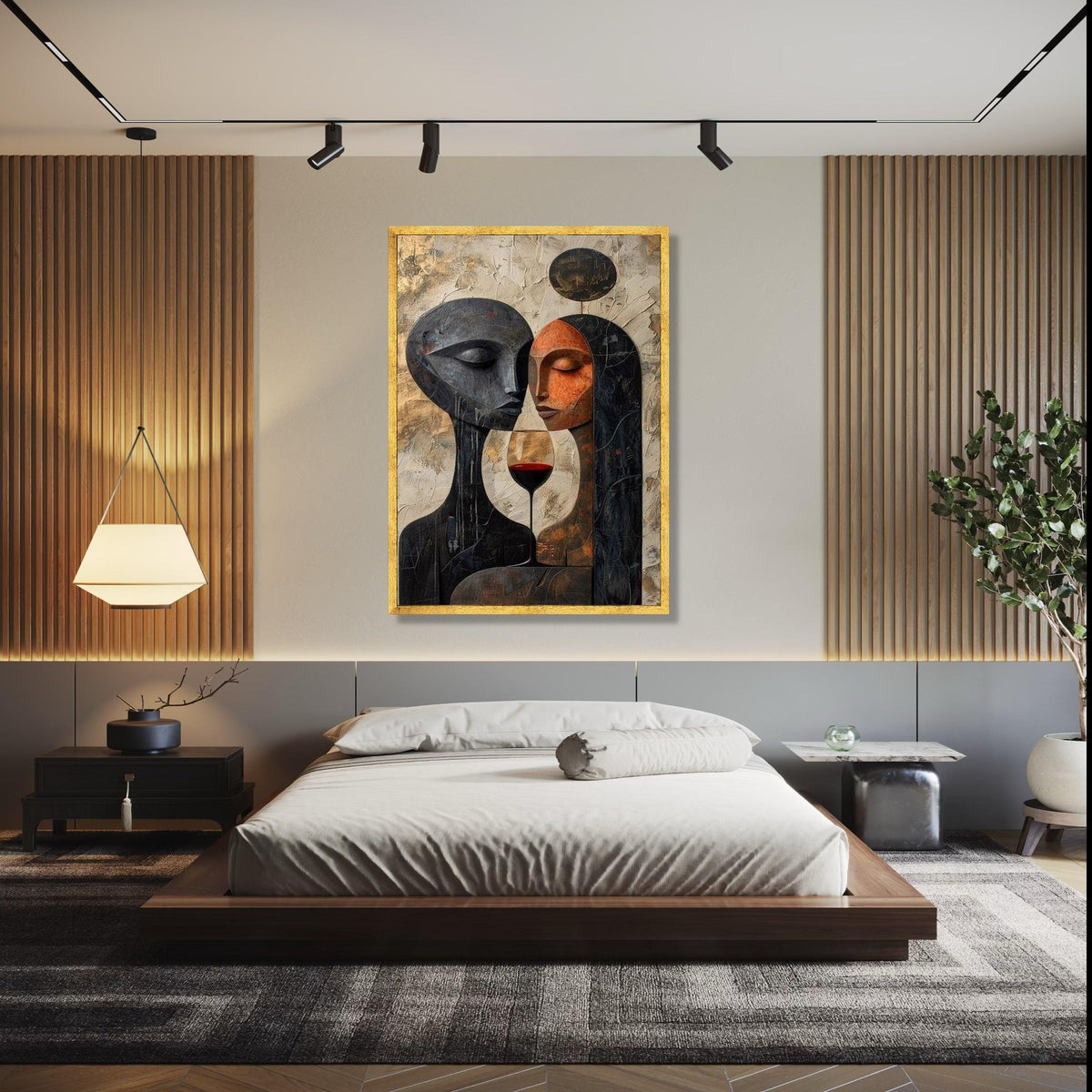 Abstract Couple Portrait Canvas, Modern Love Art, Wine Glass Wall Decor, Romantic Contemporary Canvas, Gift Art, Home Decor, Print
