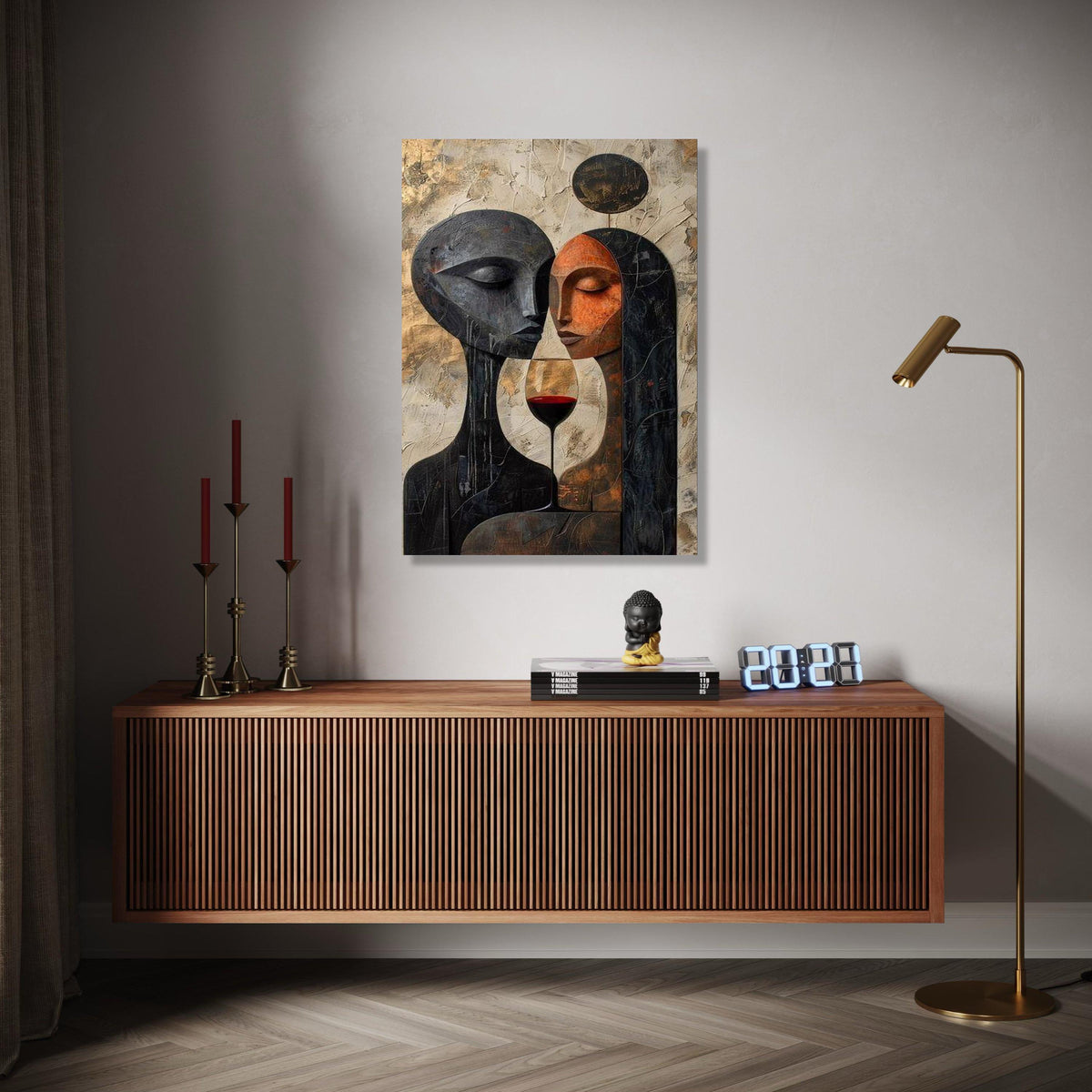 Abstract Couple Portrait Canvas, Modern Love Art, Wine Glass Wall Decor, Romantic Contemporary Canvas, Gift Art, Home Decor, Print