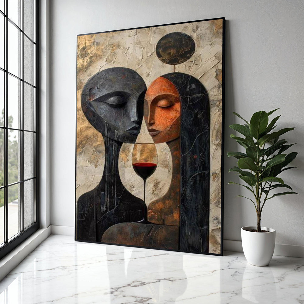 Abstract Couple Portrait Canvas, Modern Love Art, Wine Glass Wall Decor, Romantic Contemporary Canvas, Gift Art, Home Decor, Print