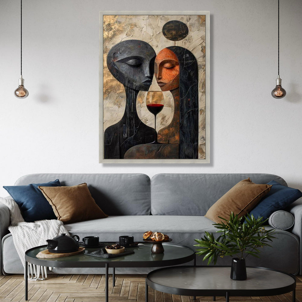 Abstract Couple Portrait Canvas, Modern Love Art, Wine Glass Wall Decor, Romantic Contemporary Canvas, Gift Art, Home Decor, Print