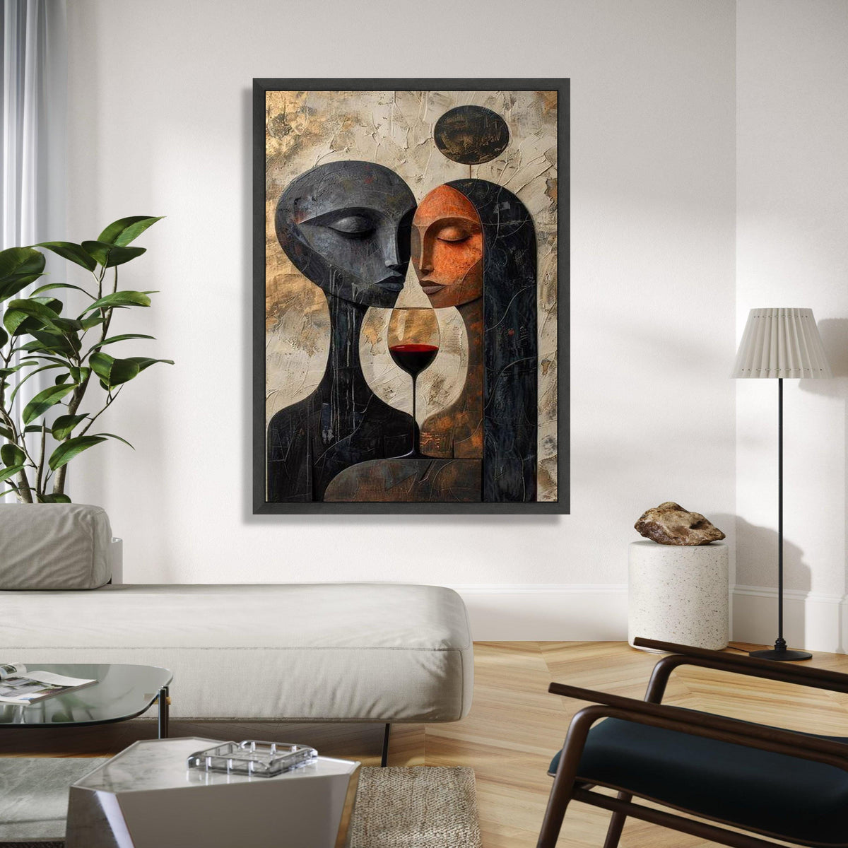 Abstract Couple Portrait Canvas, Modern Love Art, Wine Glass Wall Decor, Romantic Contemporary Canvas, Gift Art, Home Decor, Print