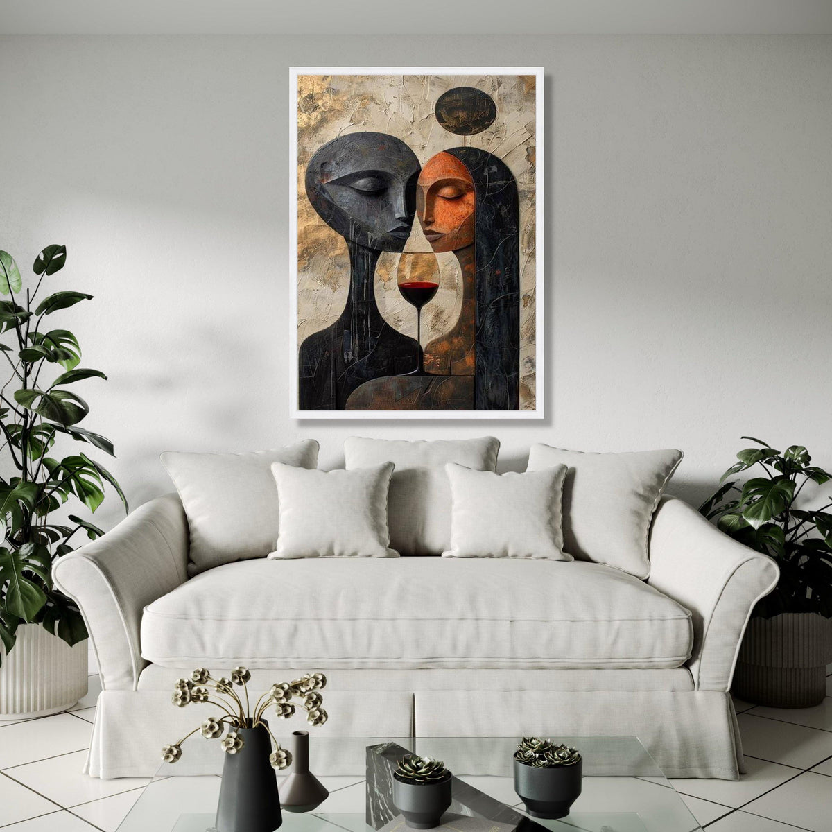 Abstract Couple Portrait Canvas, Modern Love Art, Wine Glass Wall Decor, Romantic Contemporary Canvas, Gift Art, Home Decor, Print