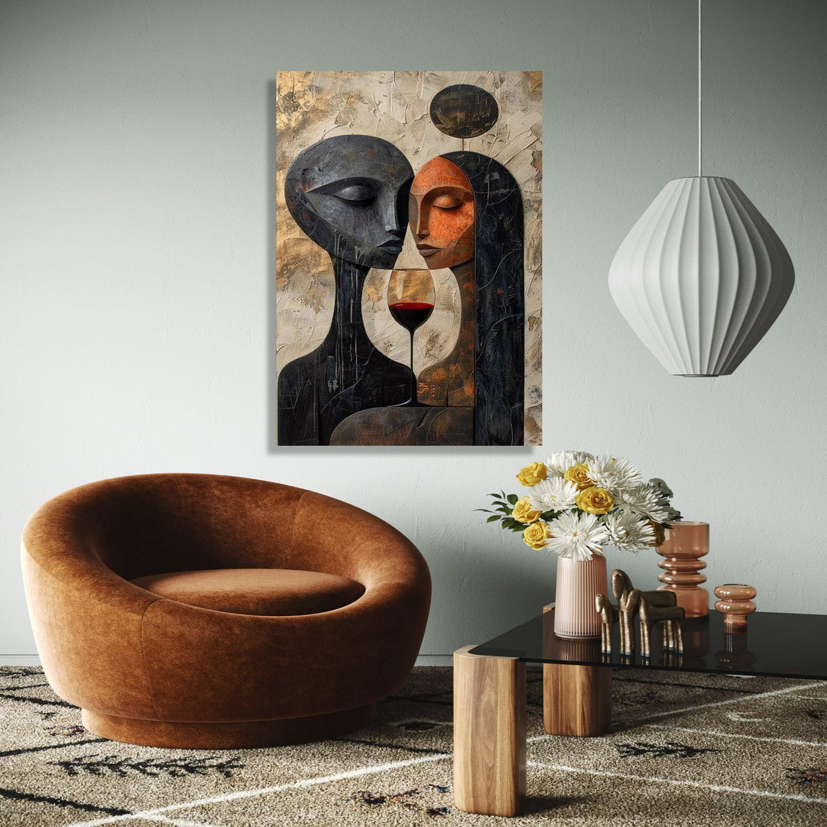 Abstract Couple Portrait Canvas, Modern Love Art, Wine Glass Wall Decor, Romantic Contemporary Canvas, Gift Art, Home Decor, Print