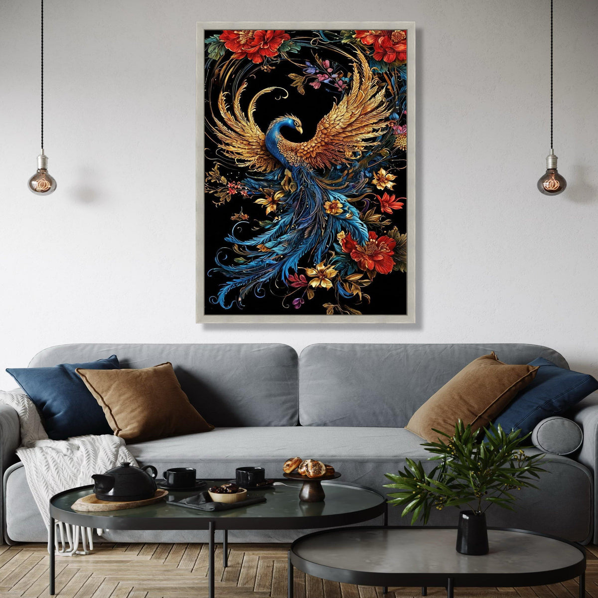 Majestic Golden Blue Phoenix Canvas, Vibrant Bird Wall Art, Floral Nature Design, Elegant Home Decoration, Ready Gift Art, Home Decor, Print