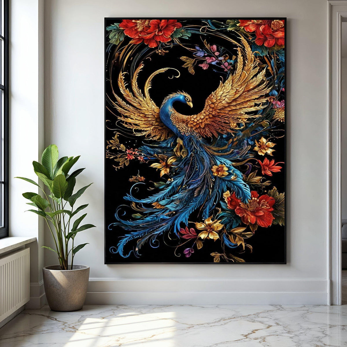 Majestic Golden Blue Phoenix Canvas, Vibrant Bird Wall Art, Floral Nature Design, Elegant Home Decoration, Ready Gift Art, Home Decor, Print