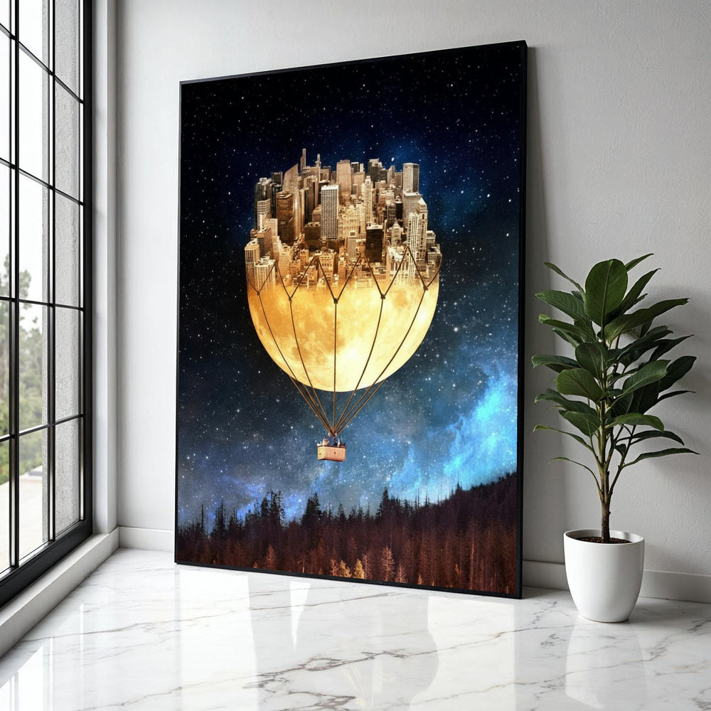 Surreal Cityscape Hot Air Balloon Canvas, Moonlit Skyline Wall Art, Fantasy Night Sky Decor, Urban Dreamscape Gift Art, Home Decor, Print