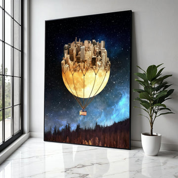Surreal Cityscape Hot Air Balloon Canvas, Moonlit Skyline Wall Art, Fantasy Night Sky Decor, Urban Dreamscape Gift Art, Home Decor, Print
