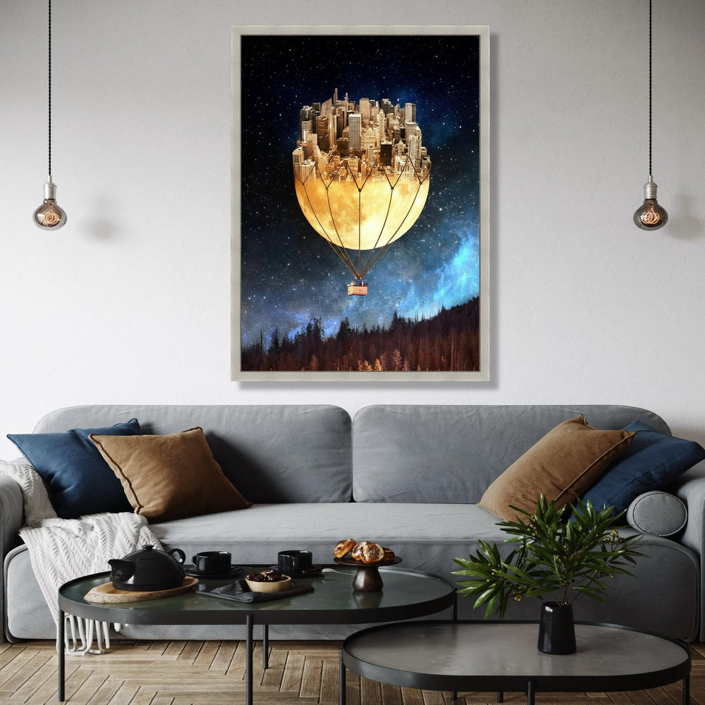 Surreal Cityscape Hot Air Balloon Canvas, Moonlit Skyline Wall Art, Fantasy Night Sky Decor, Urban Dreamscape Gift Art, Home Decor, Print