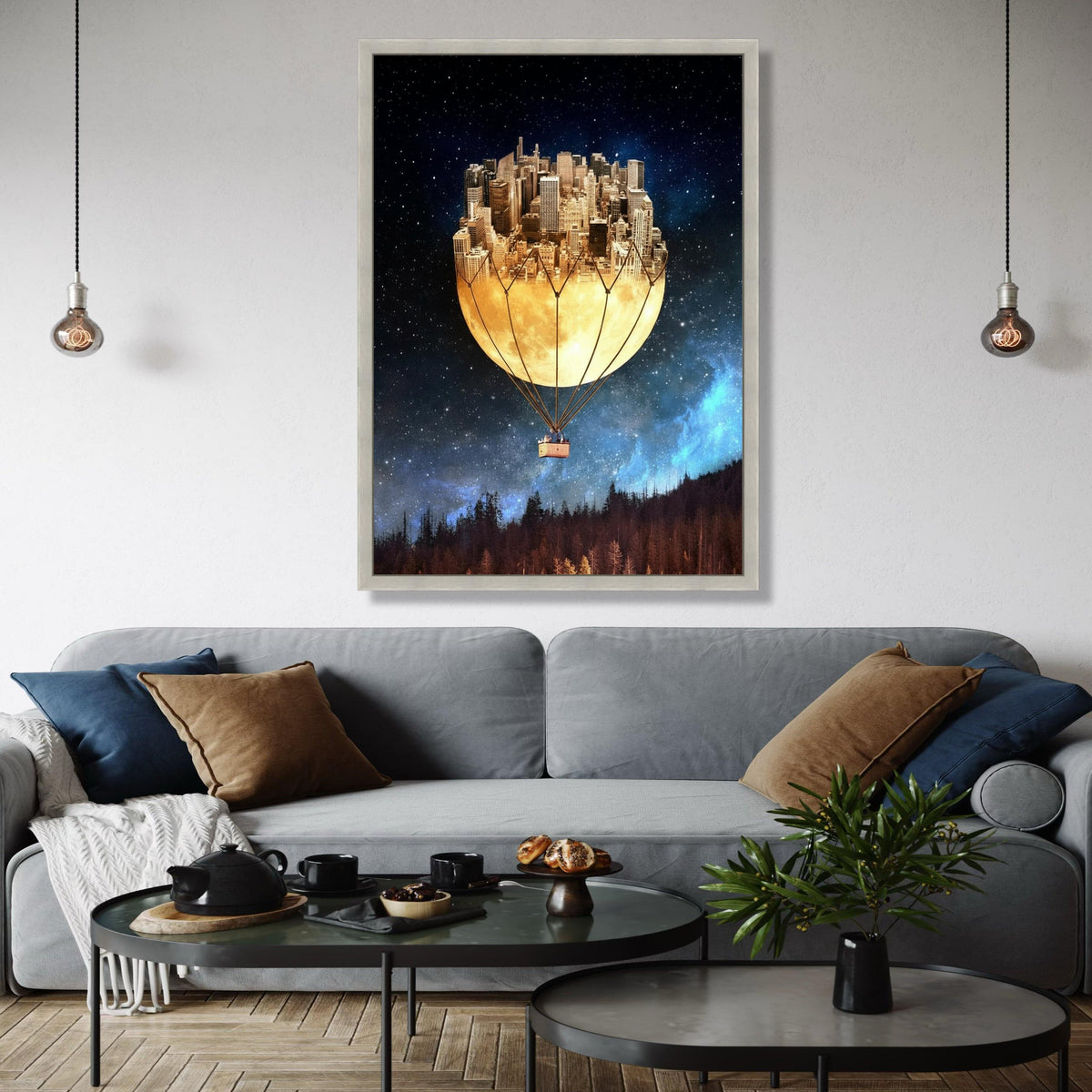 Surreal Cityscape Hot Air Balloon Canvas, Moonlit Skyline Wall Art, Fantasy Night Sky Decor, Urban Dreamscape Gift Art, Home Decor, Print