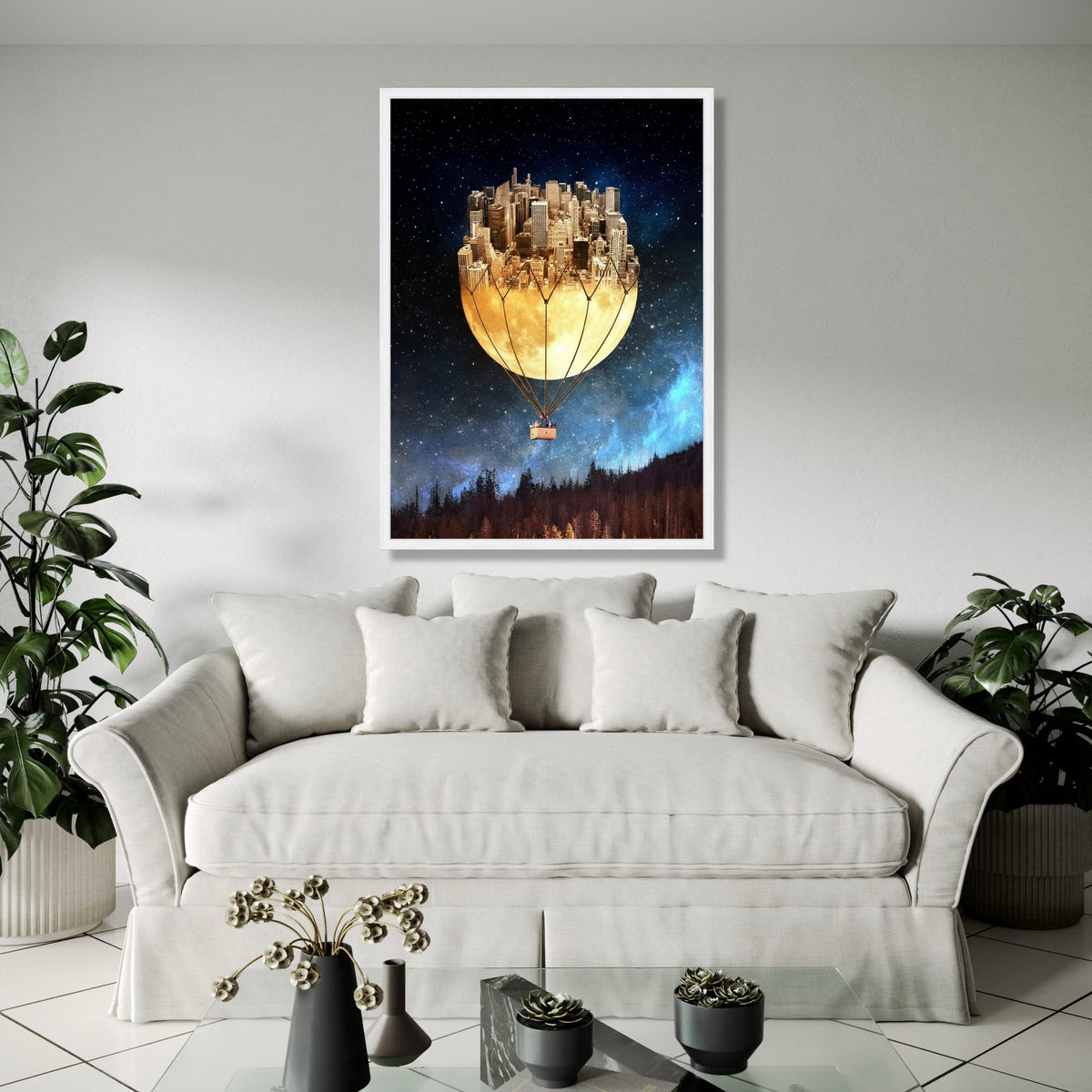 Surreal Cityscape Hot Air Balloon Canvas, Moonlit Skyline Wall Art, Fantasy Night Sky Decor, Urban Dreamscape Gift Art, Home Decor, Print