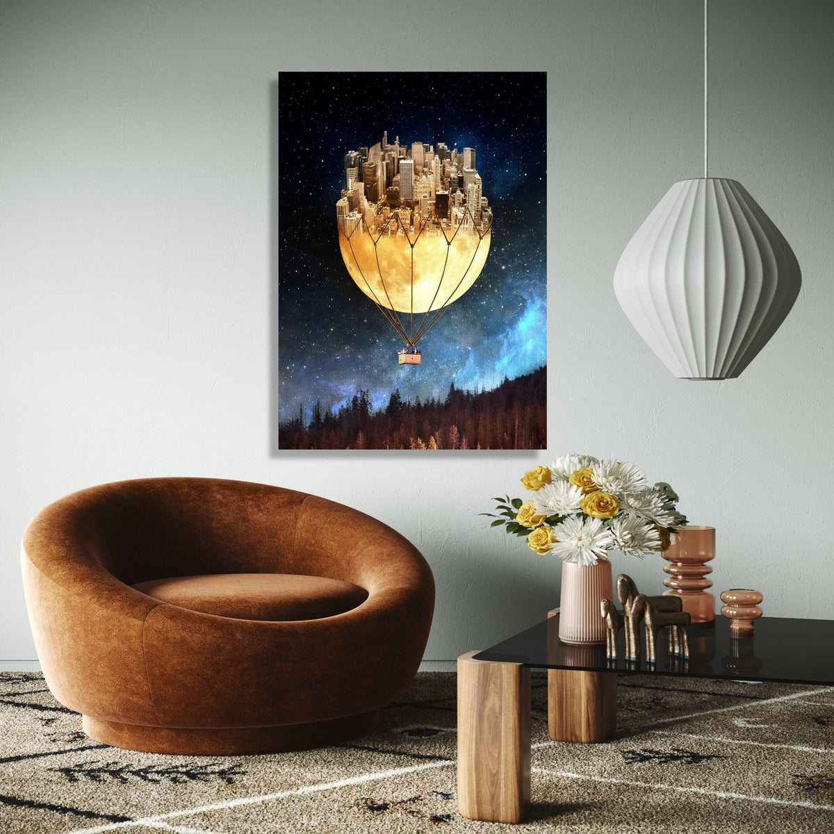 Surreal Cityscape Hot Air Balloon Canvas, Moonlit Skyline Wall Art, Fantasy Night Sky Decor, Urban Dreamscape Gift Art, Home Decor, Print