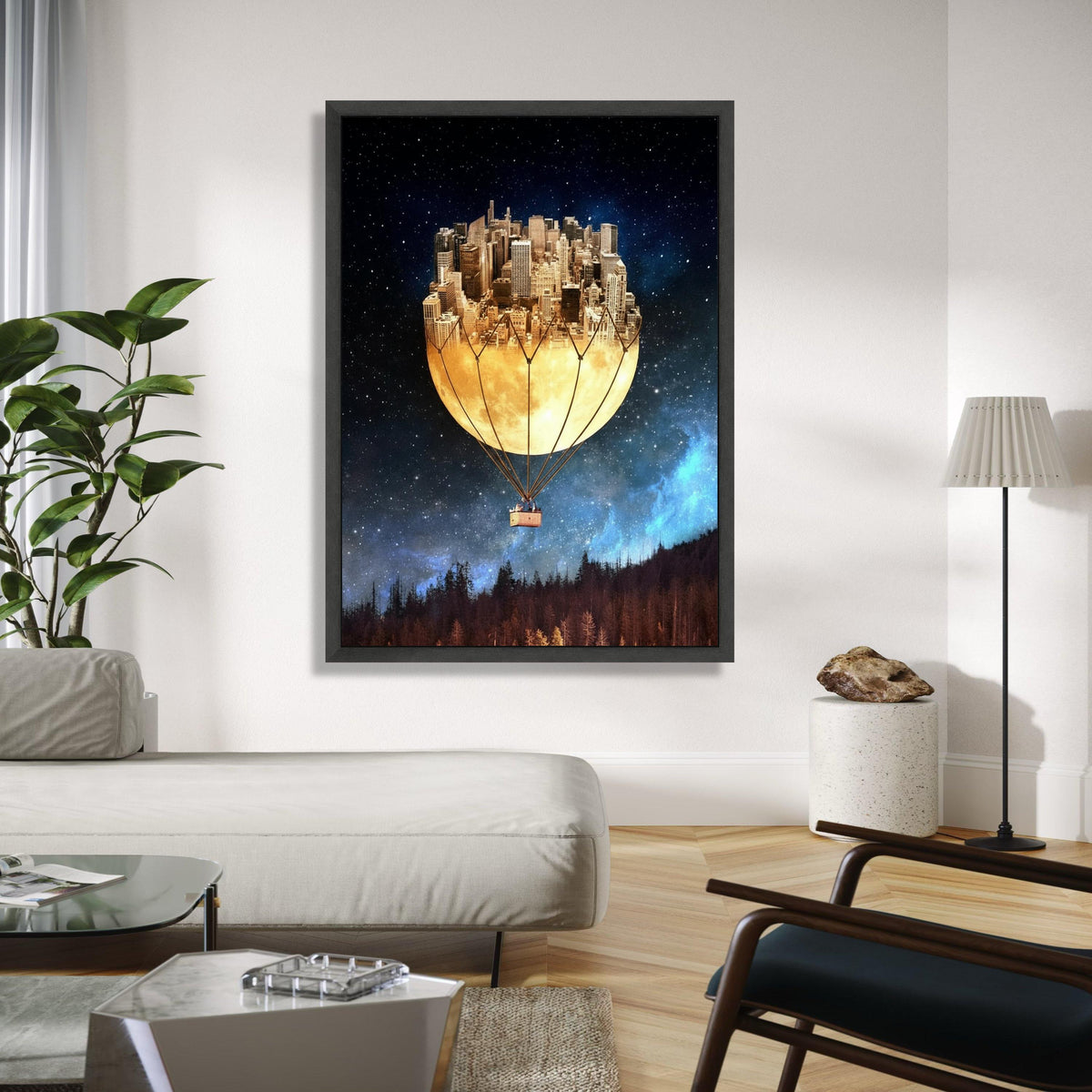 Surreal Cityscape Hot Air Balloon Canvas, Moonlit Skyline Wall Art, Fantasy Night Sky Decor, Urban Dreamscape Gift Art, Home Decor, Print