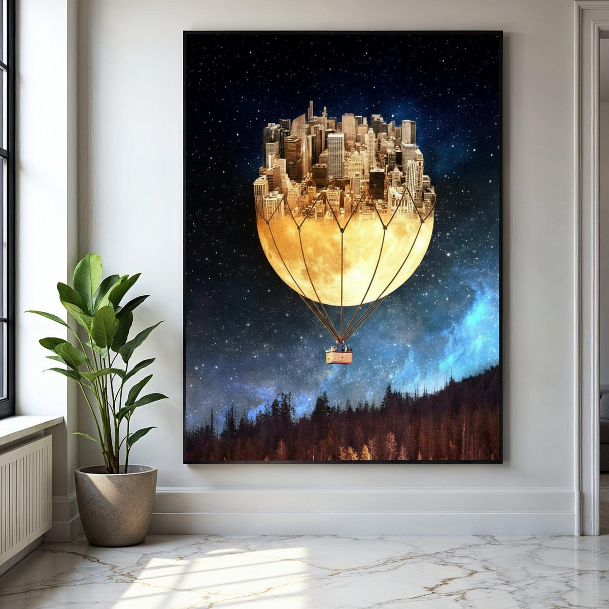 Surreal Cityscape Hot Air Balloon Canvas, Moonlit Skyline Wall Art, Fantasy Night Sky Decor, Urban Dreamscape Gift Art, Home Decor, Print