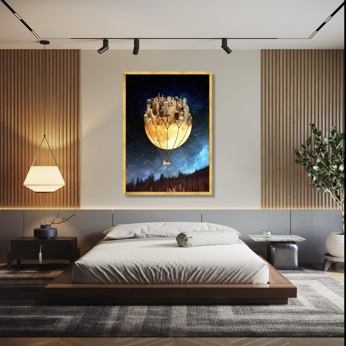 Surreal Cityscape Hot Air Balloon Canvas, Moonlit Skyline Wall Art, Fantasy Night Sky Decor, Urban Dreamscape Gift Art, Home Decor, Print