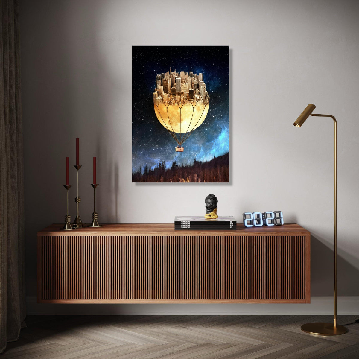 Surreal Cityscape Hot Air Balloon Canvas, Moonlit Skyline Wall Art, Fantasy Night Sky Decor, Urban Dreamscape Gift Art, Home Decor, Print